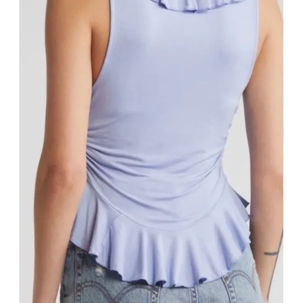 Free People Ruffle Me Away Slim Fit Plunge Neck Top Womens L Blue Heron Pullover